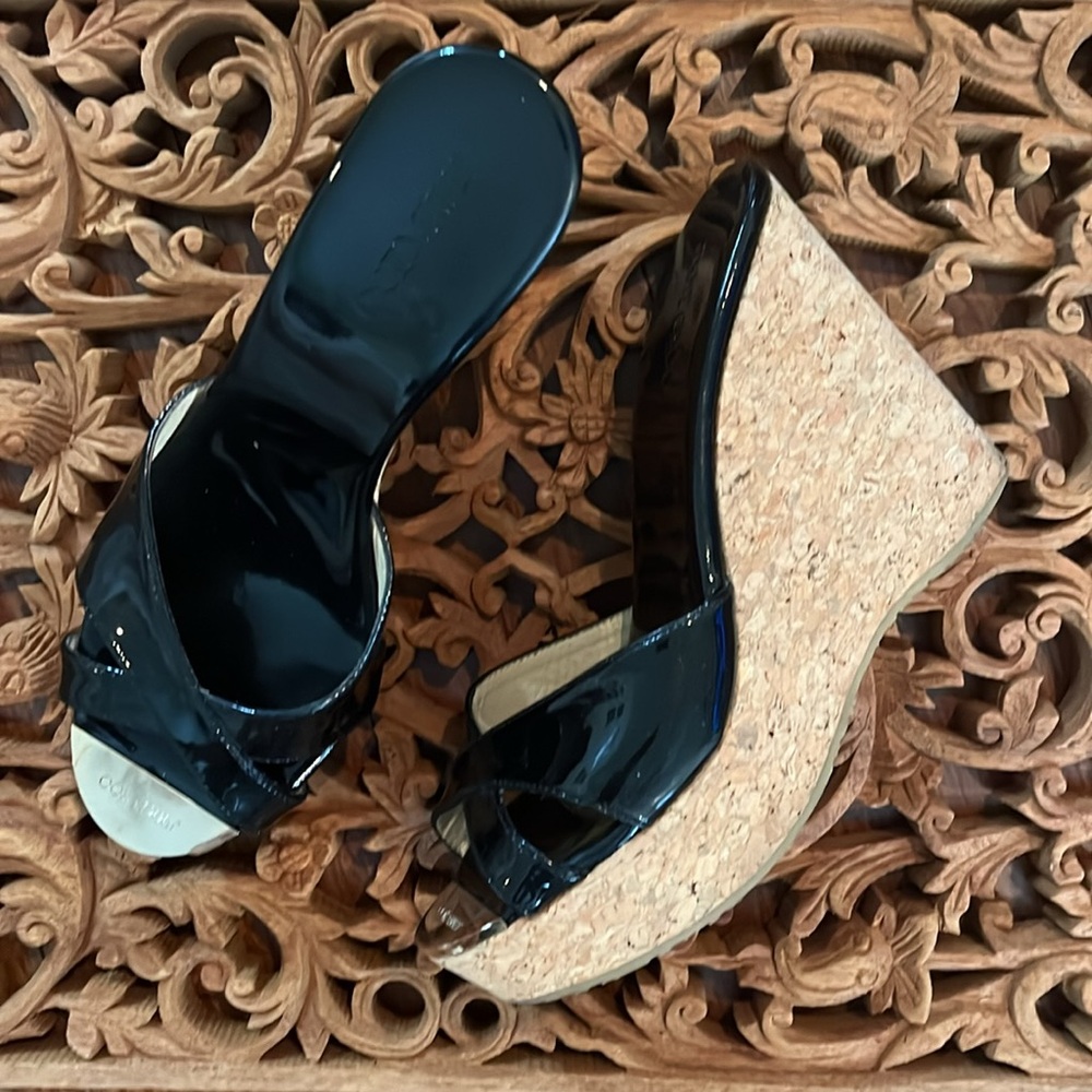 Jimmy Choo Sandal Black Patent Wedge Platform Cork Heel Cutout Toe Strap 39/8